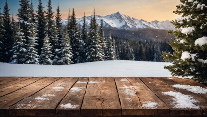 Snowy winter pine trees and mountains landscape with rustic wood board table mockup background