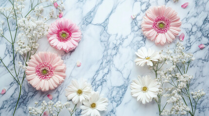 Aesthetic display of pink and white flowers elegantly arranged on a marble surface, evoking a sense of beauty and tranquility. Ideal for themes of nature, elegance, and minimalistic design.