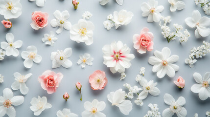 Beautiful White and Pink Flowers on a Soft Blue Background. A stunning array of white and pink blossoms elegantly scattered on a serene blue surface, perfect for floral inspiration.