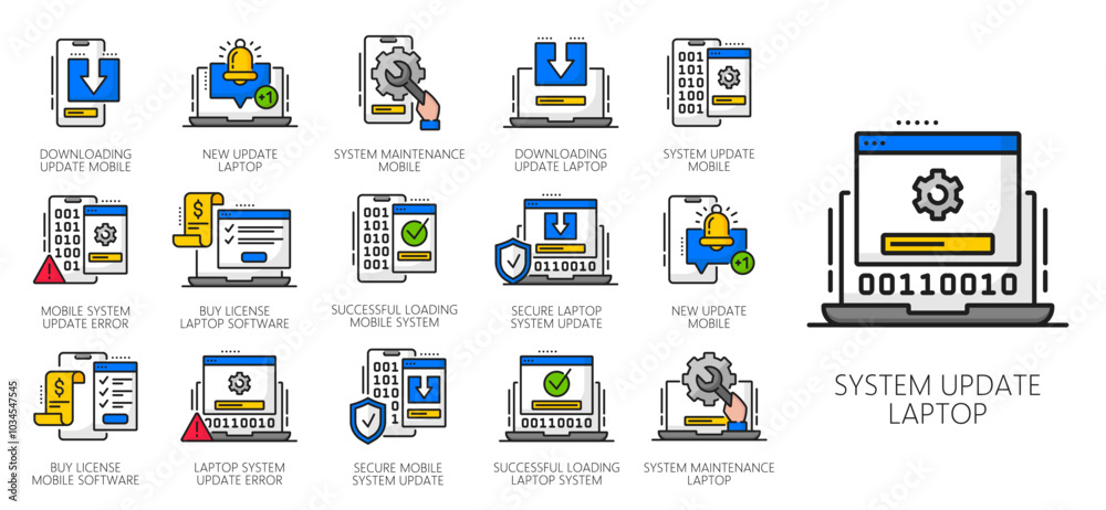 Poster Color maintenance and update software app line icons. Vector computer, mobile phone and laptop system upgrade, new application download progress bars and install status gears outline symbols set