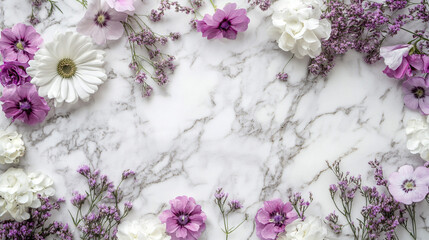 Floral Arrangement on Marble Background. A captivating display of fresh flowers set against a sleek marble backdrop, perfect for invitations or decor themes.