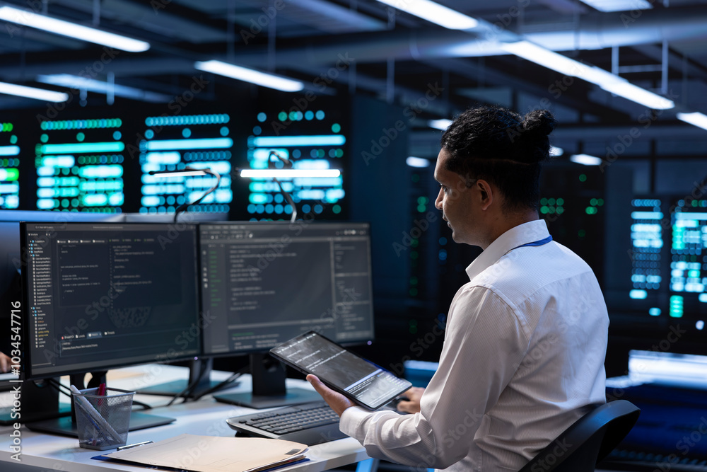 Poster computer scientist doing yearly checkup to prolong data center electronics life span and avoid downt
