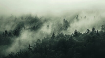 Fototapeta premium A misty forest with tall trees shrouded in fog, creating an ethereal and mysterious atmosphere.