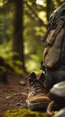 Hiking boots and backpack resting on forest floor