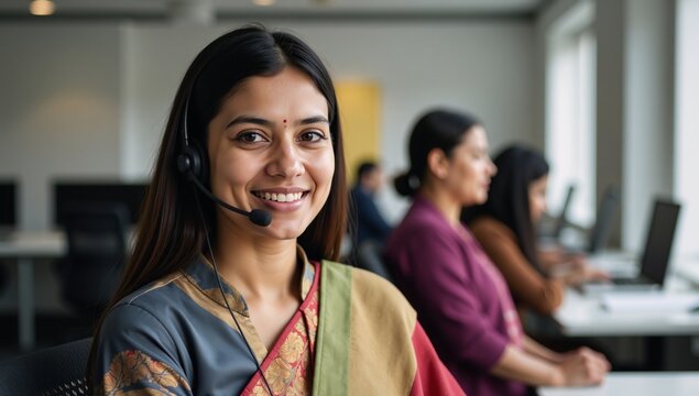 Close-up portrait of an Indian customer service representative wearing a headset at their desk to represent the concept of support services