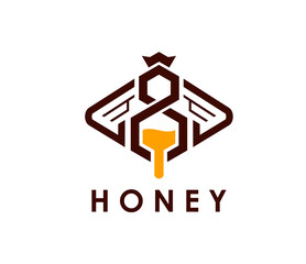 Honey bee icon for beekeeping and apiary product package, vector honeybee emblem. Bee in honeycomb with honey liquid flow drop in creative geometric line style for beekeeper apiary honey package