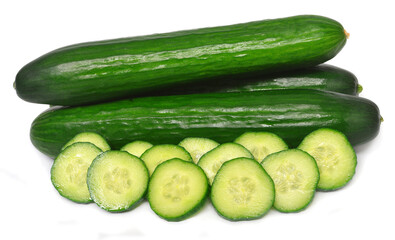 Cucumber whole and cut rings isolated on white background
