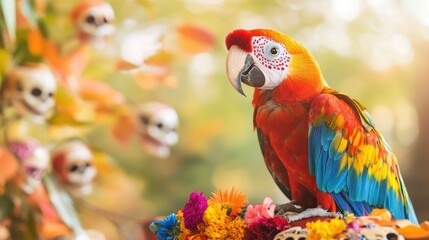 Fototapeta premium A beautifully colored parrot displays a flower wreath and sugar skull face paint surrounded by festive decorations for Dia de los Muertos with space for additional text