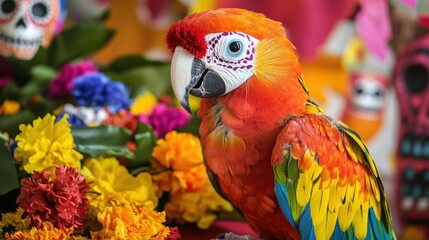 A beautifully decorated parrot displays colorful feathers and a flower wreath featuring sugar skull face paint surrounded by traditional Dia de los Muertos decorations