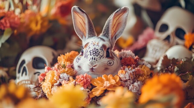 A charming rabbit wearing a colorful flower wreath and sugar skull face paint sits amidst vibrant Dia de los Muertos decorations capturing the spirit of the celebration with a touch of whimsy