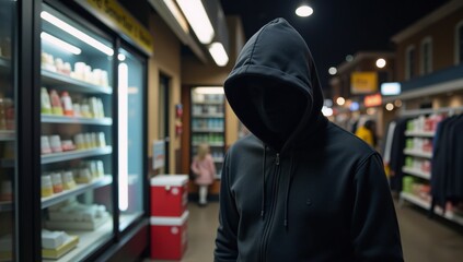 A hooded figure depicted as a retail robber committing urban crime at night