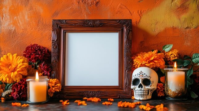 This altar mock-up showcases a beautifully engraved wooden frame with a blank center softly illuminated by warm candlelight surrounded by vibrant flowers and a decorative sugar skull - Powered by Adobe