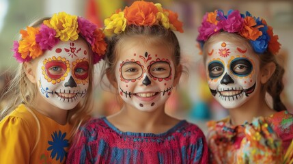 Three children with vibrant face paint and floral headbands smile joyfully at a Día de los Muertos celebration dressed in traditional colorful attire amidst a lively background