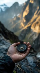Hiker holding compass deciding which way to go on mountain peak