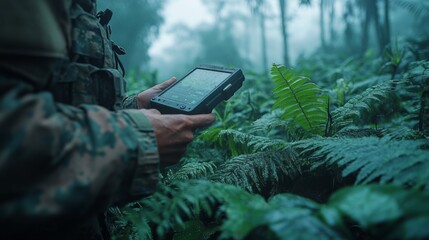A soldier in military attire stands amidst lush greenery, focused on a portable device. The misty environment enhances the atmosphere of the jungle expedition.