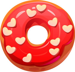 Valentine sweets and confectionery, pink donut with hearts sprinkles, vector icon. Valentine day holiday love pastry and romantic cakes or biscuits, donut with pink sweet cream for love dessert