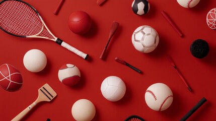 Collection of various sports balls and equipment arranged artistically on a vibrant red background for artistic display