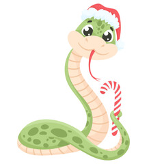 Fototapeta premium 2025 Chinese New Year. Cute vector snake in a New Year's red hat holds a striped lollipop isolated on a white background. Vector illustration of 2025 year of snake symbol.