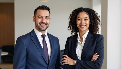 A diverse duo of smiling businesspeople pose together indoors