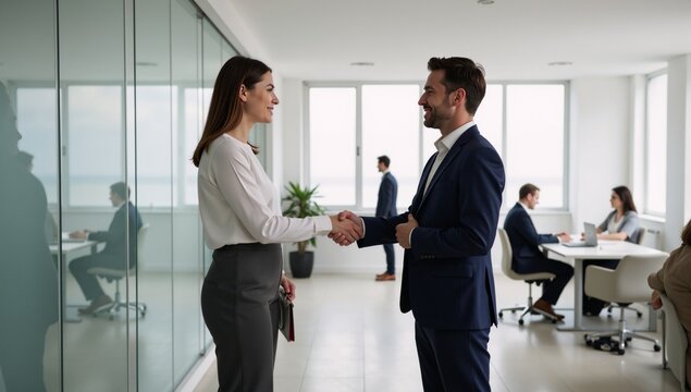 Modern office business handshake scene among colleagues - Powered by Adobe
