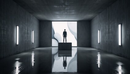 Obraz premium In an empty modern-grunge dark tunnel room with bright white lights and concrete walls theres a single elegant subject reflected in the polished floor