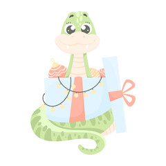 2025 Chinese New Year. Cute vector snake in a New Year's red hat holds a New Year's gift, isolated on a white background. Vector illustration of 2025 year of snake symbol.