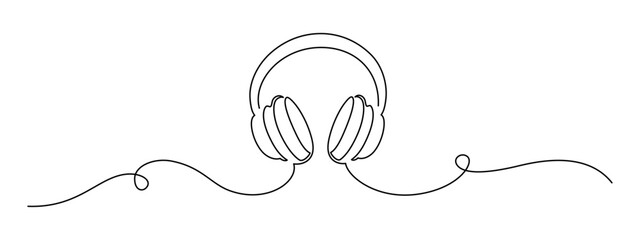 One continuous line drawing of musical notes and headphones. Minimalistic web banner and modern logo of sound and music school in simple linear style. Editable stroke. Doodle vector illustration