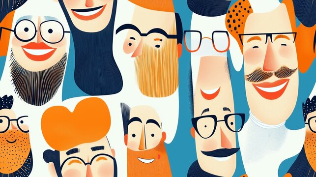 Seamless pattern of smiling men faces wearing eyeglasses, an abstract illustration with a blue and orange color palette