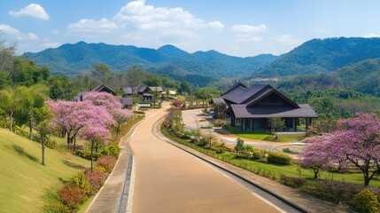 Fototapeta premium Scenic View of Serene Landscape with Flowering Trees