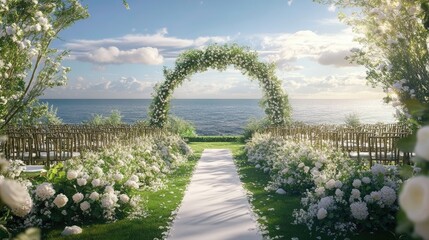 Naklejka premium Serene Coastal Wedding Venue with Floral Decor