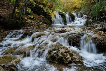 Fototapeta premium A tranquil waterfall cascades down rocky steps surrounded by lush greenery in a serene forest setting during early autumn