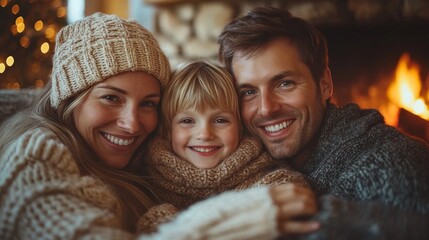 A happy family sits close together by a crackling fireplace, sharing joyful smiles. They are bundled in warm sweaters, radiating warmth and love on a winter evening.