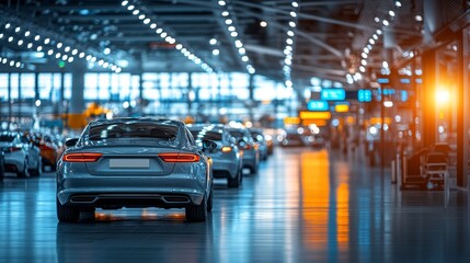 Luxurious Airport Car Rental Showroom - A modern, well-lit car showroom at an airport featuring a variety of luxury vehicles for rent or sale.