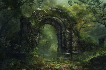 Ancient stone archways covered in lush greenery in a misty forest, showcasing nature reclaiming a historical site during the early morning light