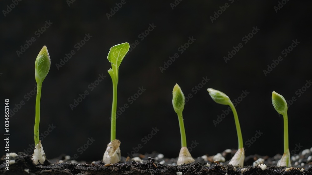 Wall mural close-up of six tiny green seedlings growing in rich dark soil. the seedlings are at different stage