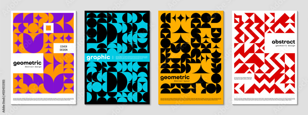 Poster Abstract poster templates with modern geometric shapes pattern, vector backgrounds. Book covers or web banners layout template design of modern minimal simple shapes in retro vintage mosaic elements