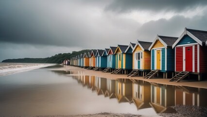 Vibrant beach cabins facing stormy skies, representing destruction of coastal structures