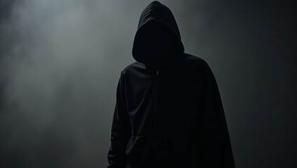 Hooded figure with gun in dark silhouette
