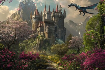 A magical castle surrounded by vibrant flowers, flying dragons, and mystical landscapes during a bright afternoon in a fantasy realm