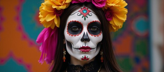 A Mexican Death Mask La Catrina is depicted during Day of the Dead and Halloween celebrations