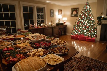 Festive holiday feast with assorted dishes and a Christmas tree in a cozy setting.