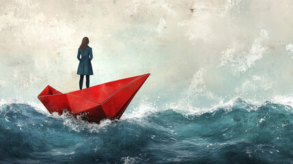 Woman in a Paper Boat Navigating a Stormy Sea