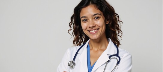 A self-assured yet friendly young doctor dons a white lab coat and stethoscope signifying professionalism and warmth