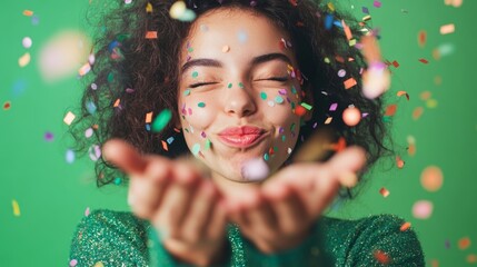 A cheerful individual blowing confetti into the air.
