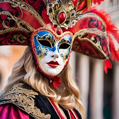Stunning Venetian Carnival Mask with Elaborate Costume
