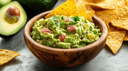 Obraz premium Fresh Guacamole with Tortilla Chips in Wooden Bowl
