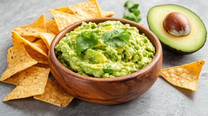 Obraz premium Fresh Guacamole with Tortilla Chips and Avocado Slice