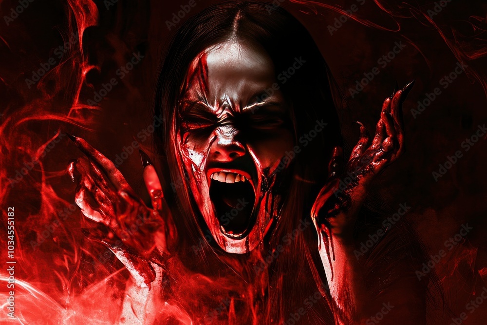 Wall mural Girl ghost woman death with blood the horror is screaming darkness and nightmare dark background, Scary fear on hell is monster devil in halloween festival - generative ai