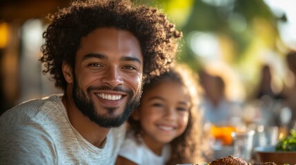 A father and daughter share a happy moment at an outdoor restaurant, smiling together while enjoying a meal surrounded by friends on a sunny day.
