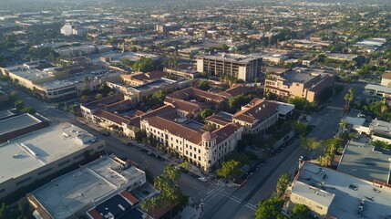 Fototapeta premium Aerial View of a City Block with Buildings, Roads, and Trees